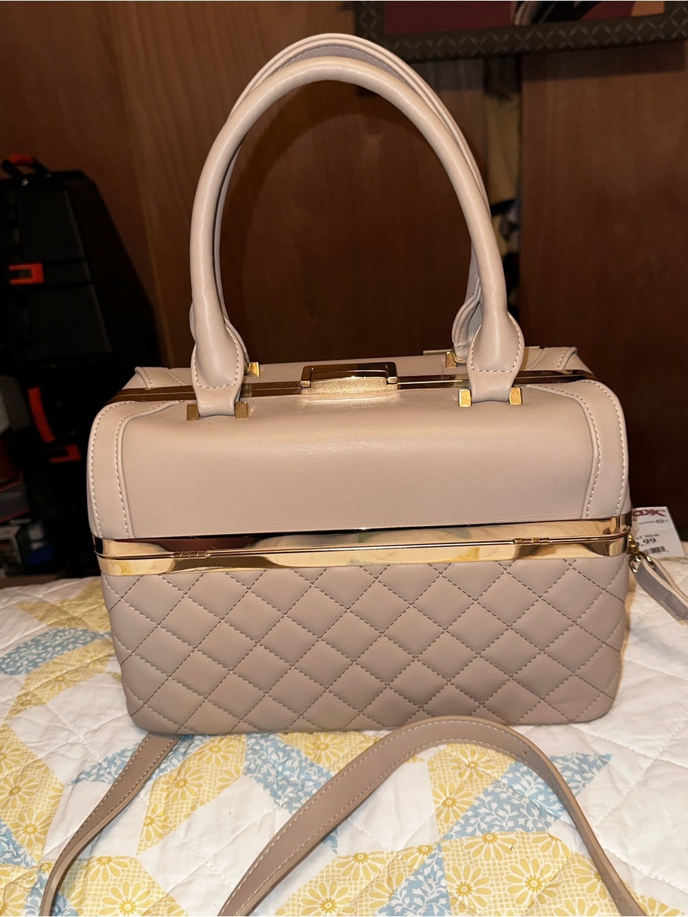 Quilted Miztique Top-Handle Satchel in Beige